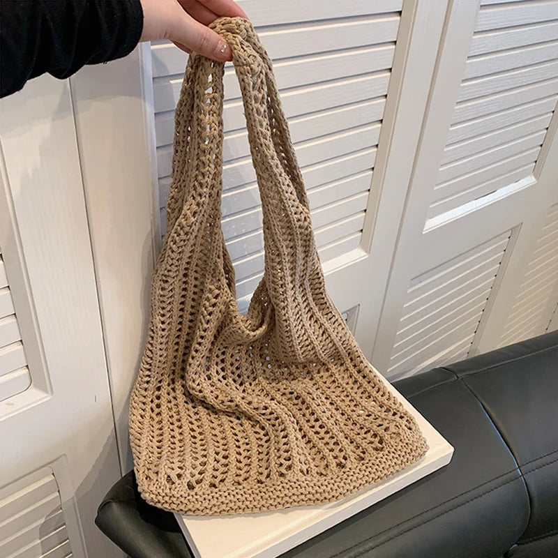 Solid Color Large Boho  Knit Shoulder Bag Crochet Tote