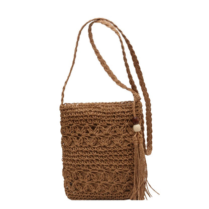 Boho Woven Straw Crossbody Shoulder Bag with Fringe