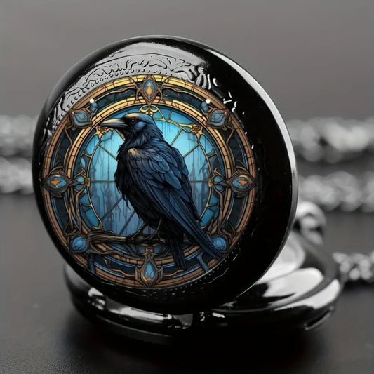 Unique Vintage Black Crow Mini Quartz Pocket Watch, Necklace Pendant With World Time Feature,