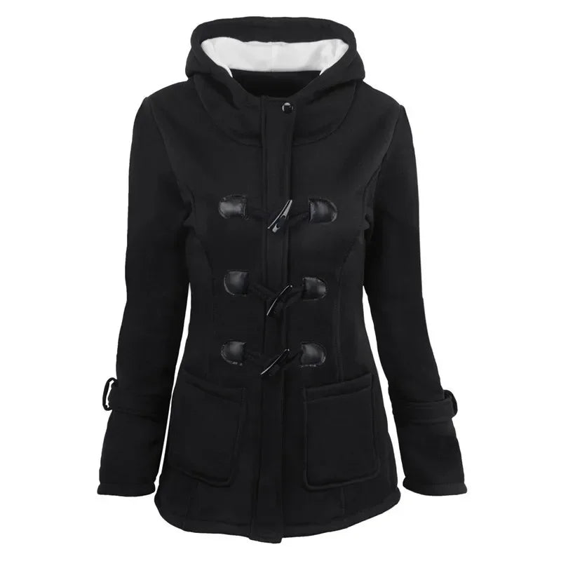 Hooded Women's Overcoat, Zipper Closure with Button Decorations and Pockets