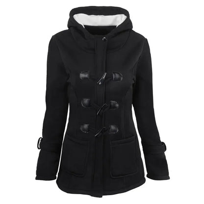Hooded Women's Overcoat, Zipper Closure with Button Decorations and Pockets