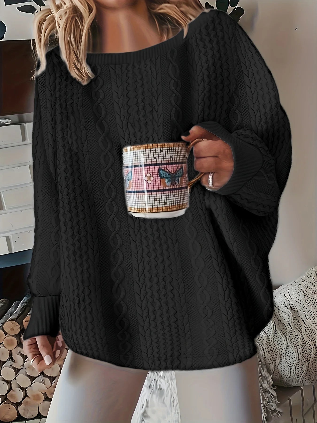Sizes 1XL to 5XL Cozy Chunky Knit Sweater Cable Knit Design Loose Fit in Black and White
