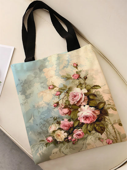 Rose pattern printed casual canvas handbag, reusable, multifunctional handbag, canvas shopping bag