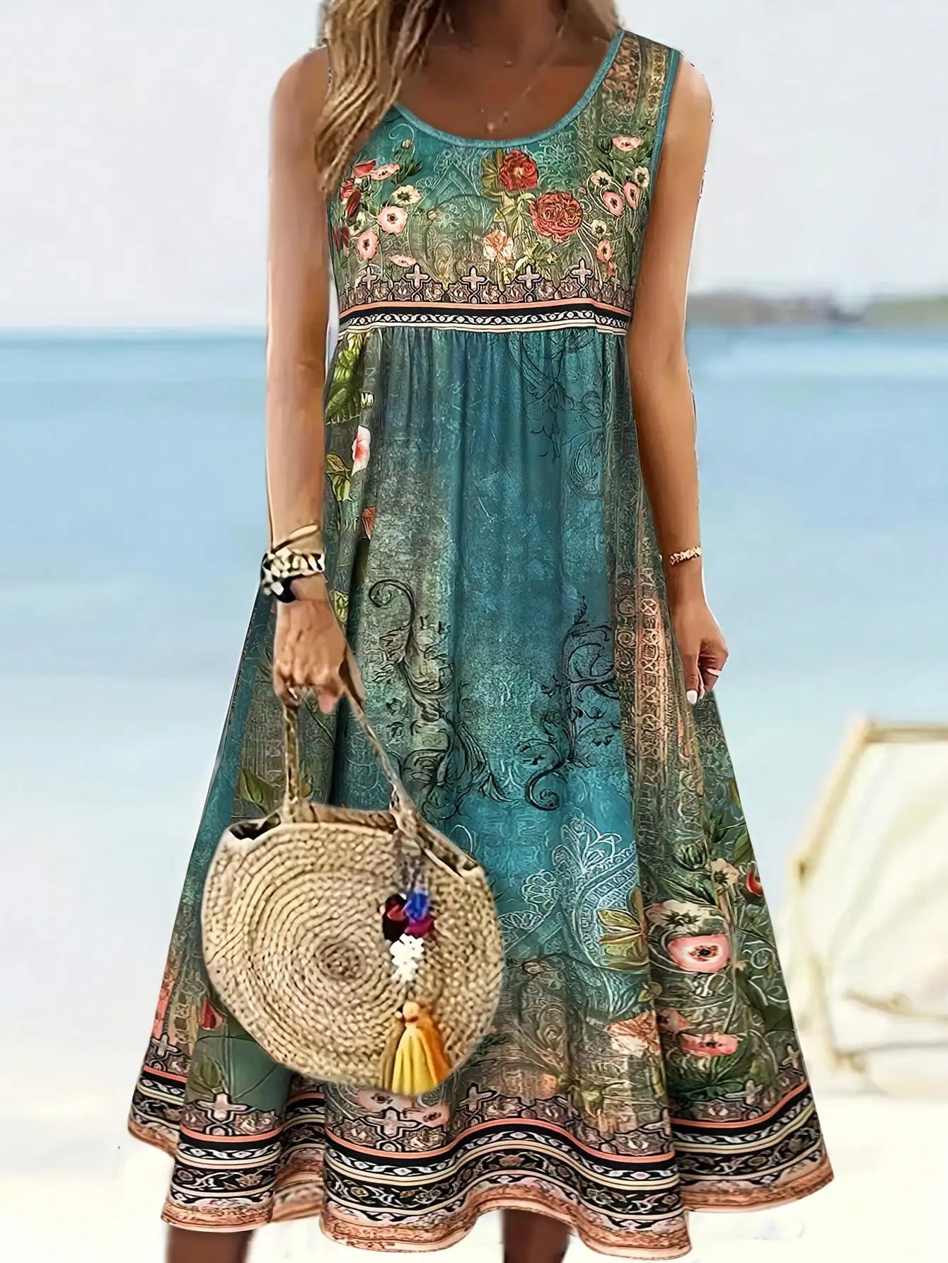 Boho Floral Sleeveless Dress Vintage Turquoise Print Crew Neck High Waist A Line Midi Sundress