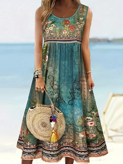 Boho Floral Sleeveless Dress Vintage Turquoise Print Crew Neck High Waist A Line Midi Sundress