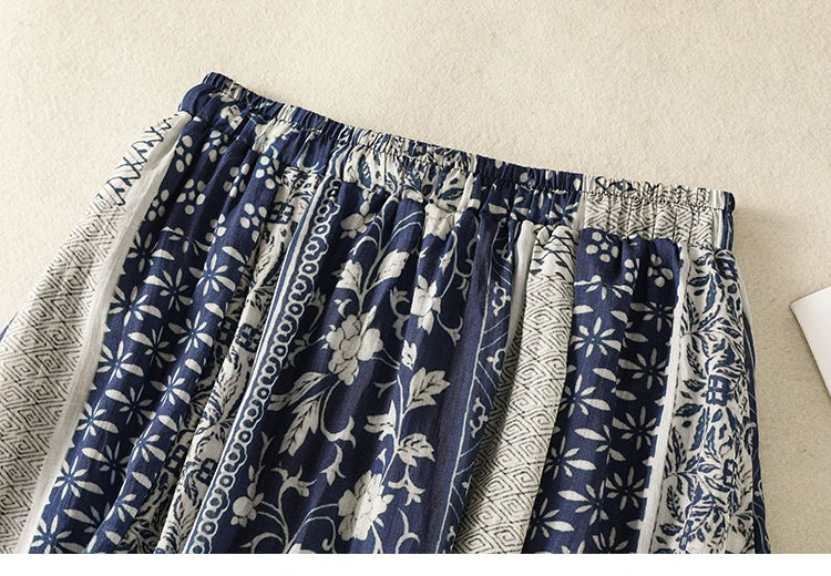 Retro Ethnic Print Flax A-Line Midi Skirt High Waist Drawstring Sizes to 2XL