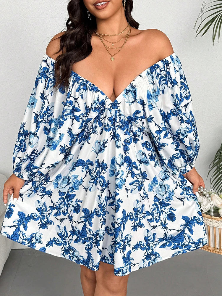 Sizes to 4XL  V-Neck Front and Back, Romantic Floral Print, Wear on or off the Shoulders, 3/4 Puff Sleeves