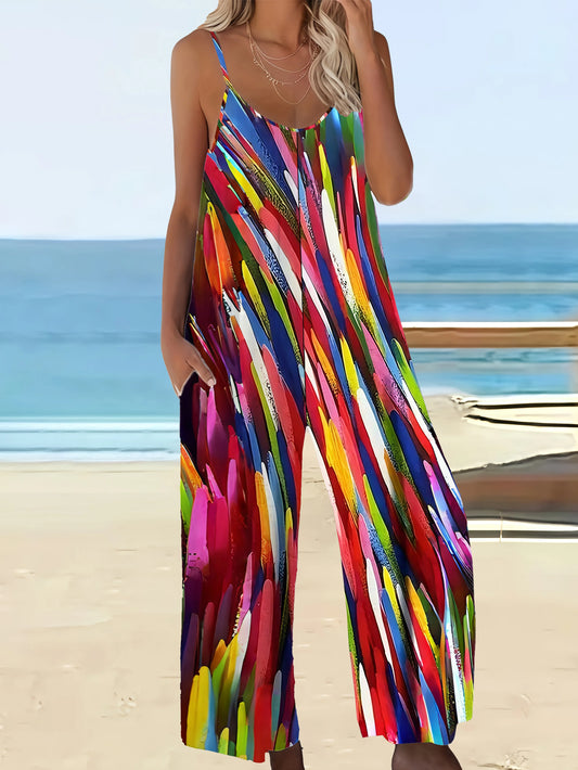Sizes to 5XL. Boho Print Elegant Loose Fit Jumpsuit with Pockets and Spaghetti Straps