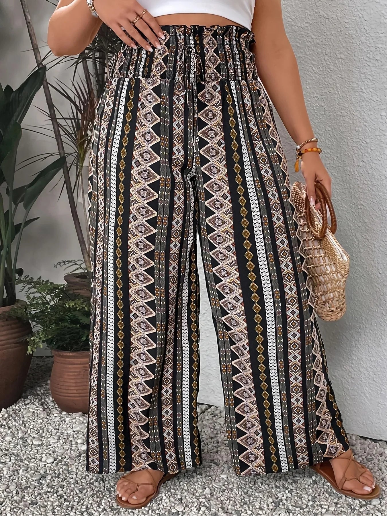 Loose fit Bohemian Sizes 1XL-5XL Solid Black or Ethnic Print Pants with Elastic Waist, Loose, Long Pants