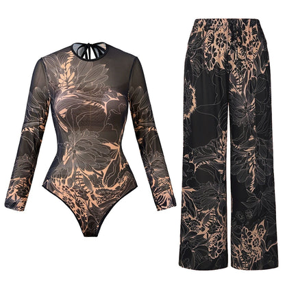 One-Piece Swimsuit Sun Protection Long Sleeves Beachwear With Pants