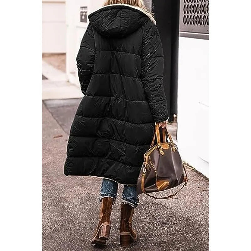 Reversible Sherpa Fleece, Long, Hooded Puffer Coats. Check colors: Brown, Green, Black, Burgundy, Light Gray