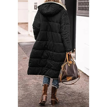 Reversible Sherpa Fleece, Long, Hooded Puffer Coats. Check colors: Brown, Green, Black, Burgundy, Light Gray