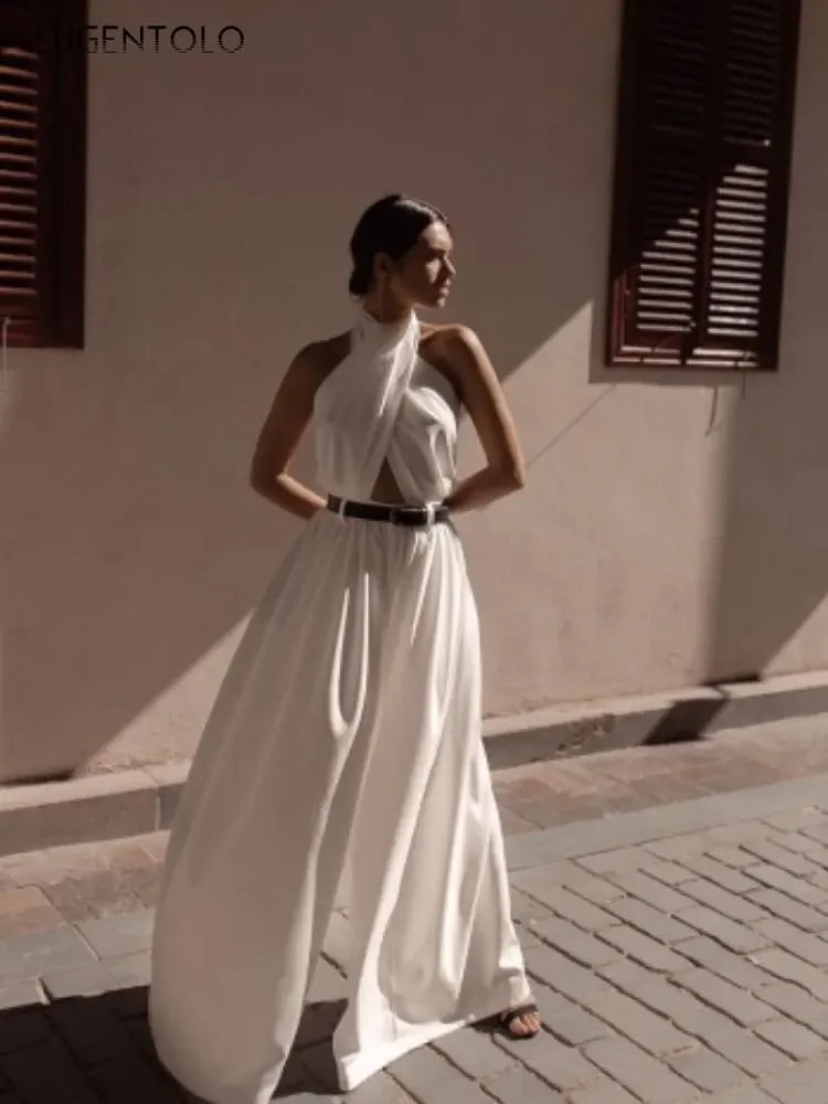 Backless Criss-cross Front, Back Button Halter Jumpsuit, Sleeveless, Slim High Waisted, Long Extra-Wide Leg Pants, Belted