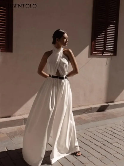 Backless Criss-cross Front, Back Button Halter Jumpsuit, Sleeveless, Slim High Waisted, Long Extra-Wide Leg Pants, Belted