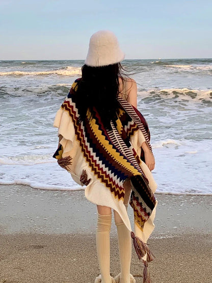 Vintage Bohemian Chic Capes Boho Ruffles Knitted Ethnic Design with Tassels