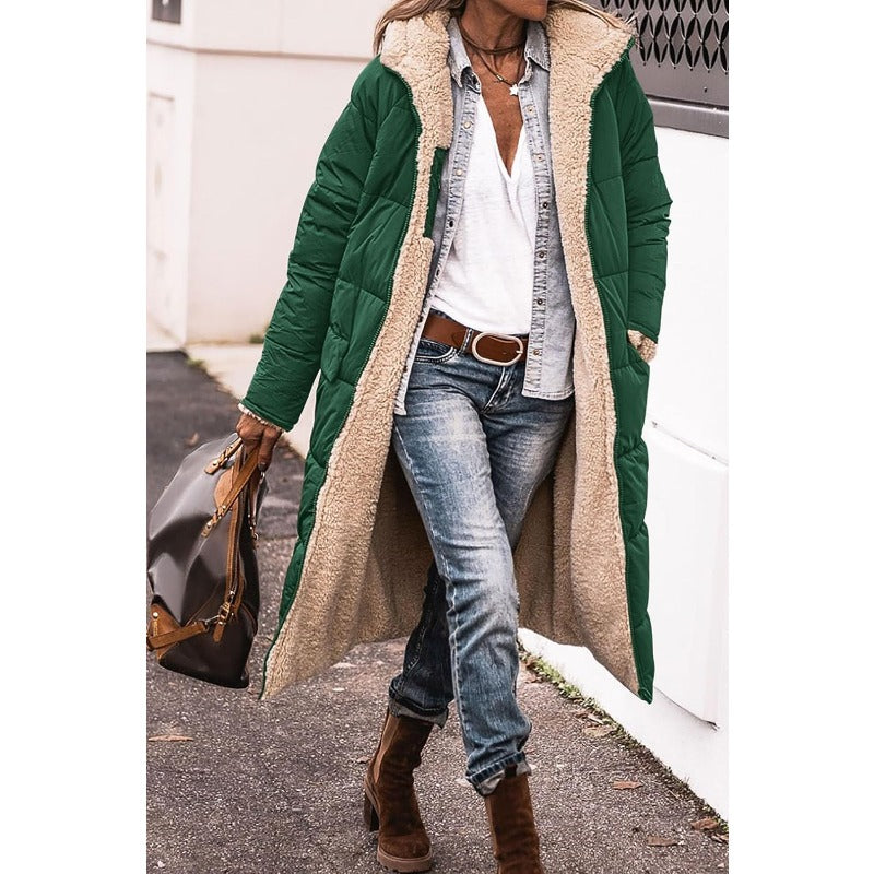 Reversible Sherpa Fleece, Long, Hooded Puffer Coats. Check colors: Brown, Green, Black, Burgundy, Light Gray
