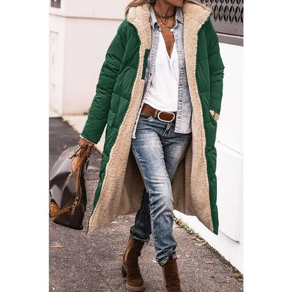 Reversible Sherpa Fleece, Long, Hooded Puffer Coats. Check colors: Brown, Green, Black, Burgundy, Light Gray