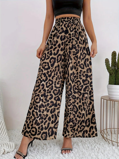 Leopard Print, Casual Straight, Wide Leg Pants, Elastic Waistband