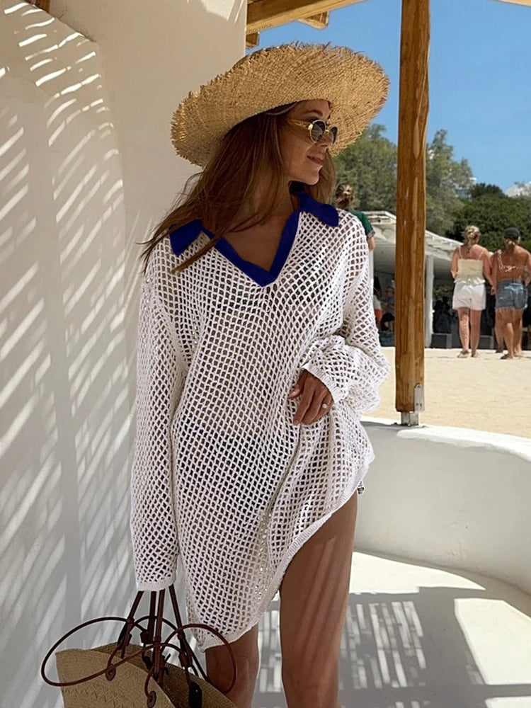 Solid Color Beach Knit Mini Dress, Long Sleeve Swimsuit Cover Up, Boho Holiday Loose Overwear