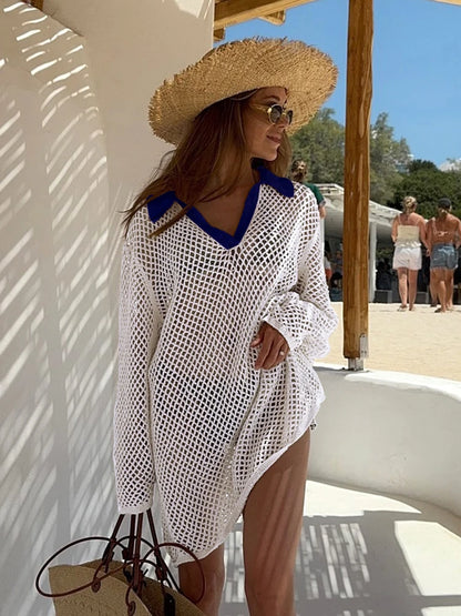 Solid Color Beach Knit Mini Dress, Long Sleeve Swimsuit Cover Up, Boho Holiday Loose Overwear