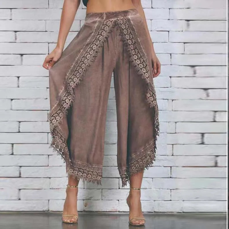 Boho Lace Harem Pants to 5XL, Loose Solid Wide Leg Arc-Shaped Pants with Angular Hem