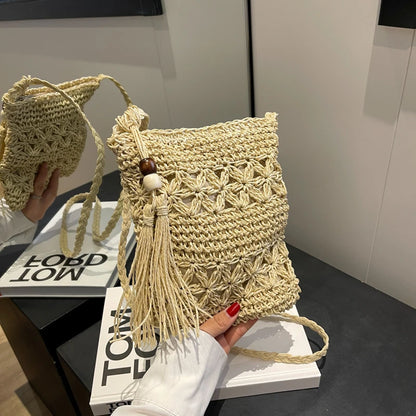 Boho Woven Straw Crossbody Shoulder Bag with Fringe