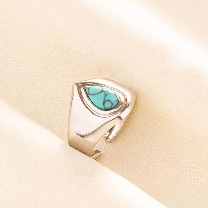 1pc Boho Turquoise Ring Stainless Steel Light Blue Gemstone Silver Adjustable Ring