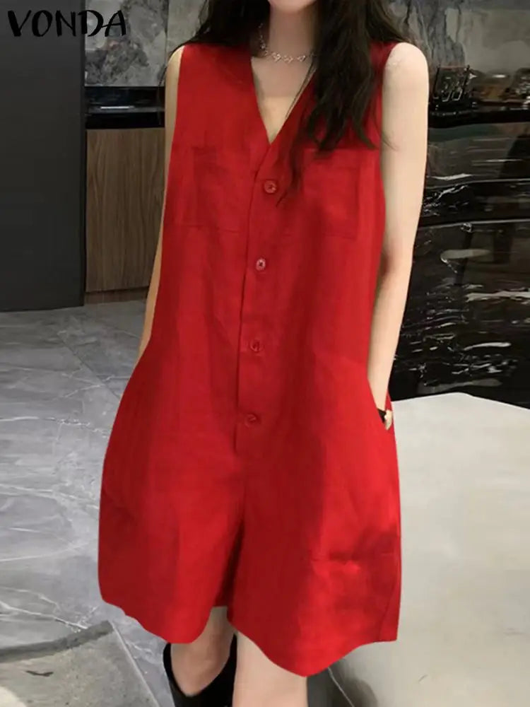 Sizes to 5XL Short Jumpsuits,  Sleeveless, Casual, Loose Fit, V Neck, Pockets, Comes in Khaki, Red, and Black