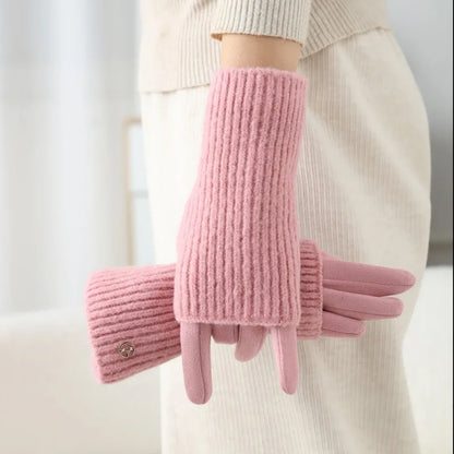 3 Ways to Wear Removable Suede Knit Gloves, Warm Touch Screen Fashion, Elegant Elasticity, Softly Thickened