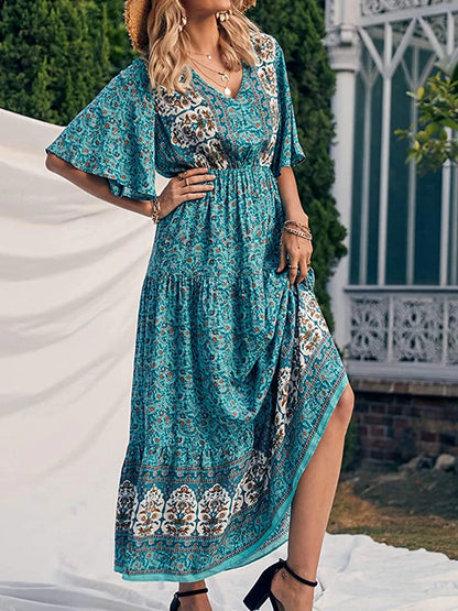 Maxi Length Boho Print Short Bell Sleeves V Neck High Waisted