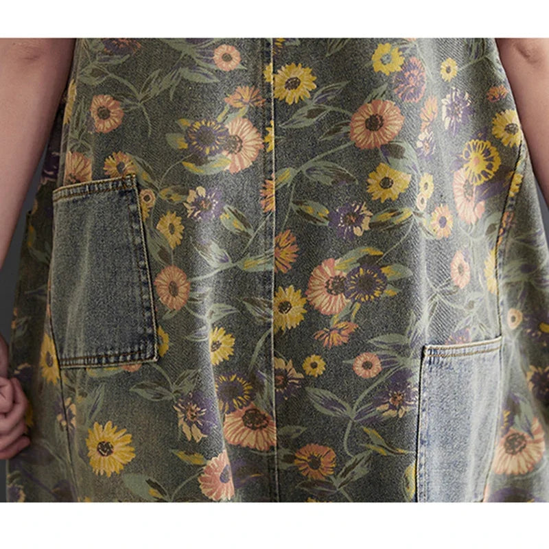 Sizes to 2XL Casual Print Floral Denim Jumpsuits Loose Wide Leg Button-Up Straps Baggy Pants Loose Elastic at Ankles