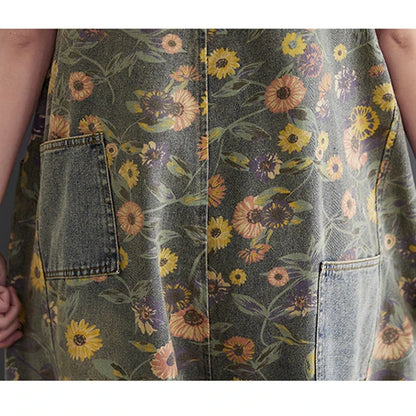 Sizes to 2XL Casual Print Floral Denim Jumpsuits Loose Wide Leg Button-Up Straps Baggy Pants Loose Elastic at Ankles