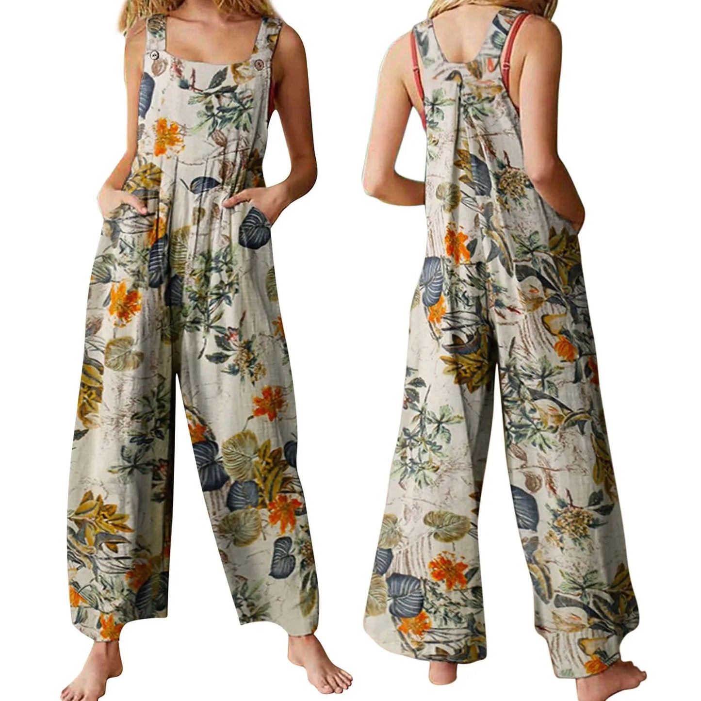S-3XL Cotton and Linen Jumpsuit Square Neck Sleeveless with Adjustable Straps Casual Loose Overalls with Pockets