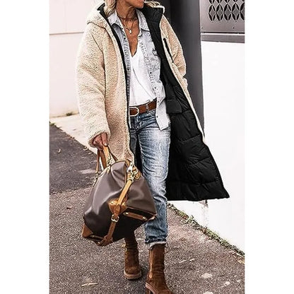 Reversible Sherpa Fleece, Long, Hooded Puffer Coats. Check colors: Brown, Green, Black, Burgundy, Light Gray