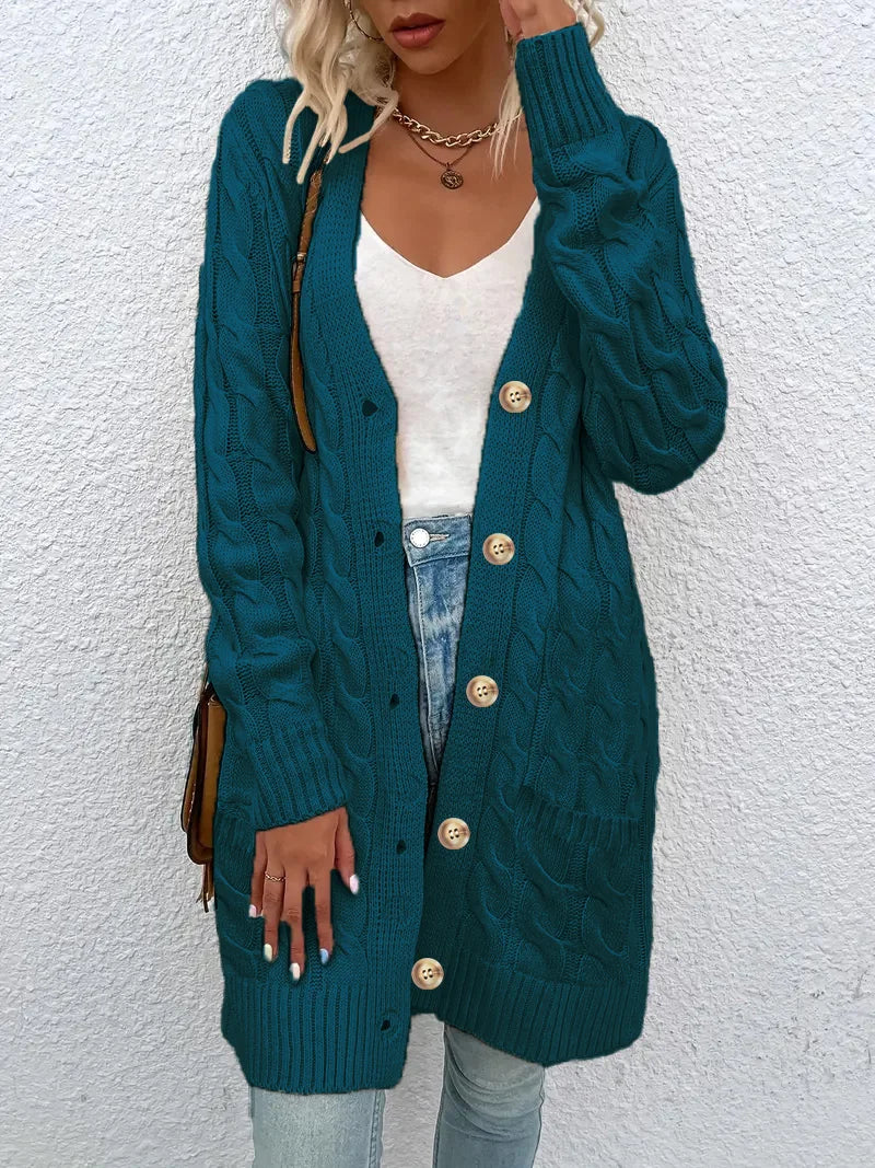 Solid Color Twisted Knit Long Cardigan with Single Buttons and Pockets. Green, Yellow, Turquoise, and White