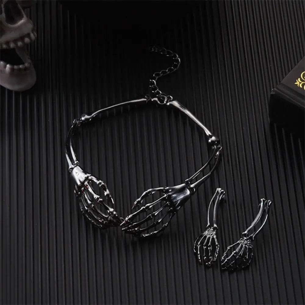 Halloween Skeleton Jewelry Gothic Skeleton Hands Choker and Earrings Set