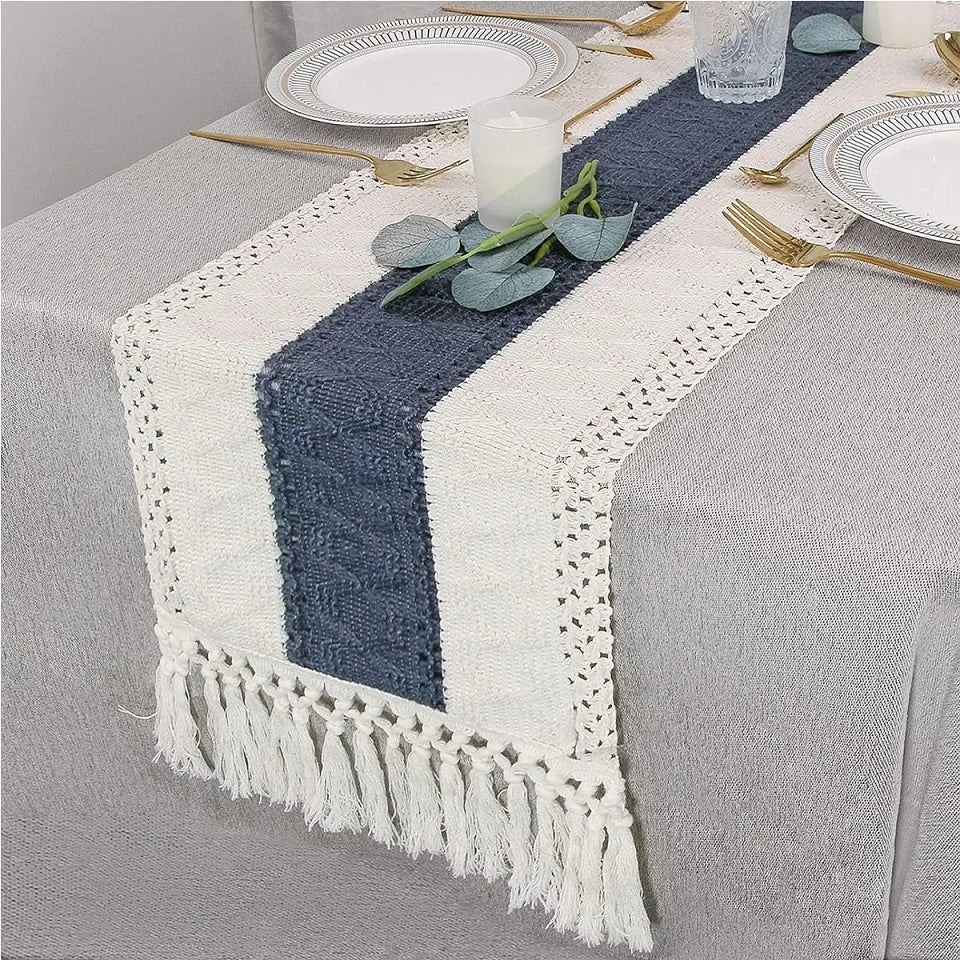 Boho Table Runner Farmhouse Burlap Cotton Table Runner with Woven Macrame Tassels. Various Sizes and Colors