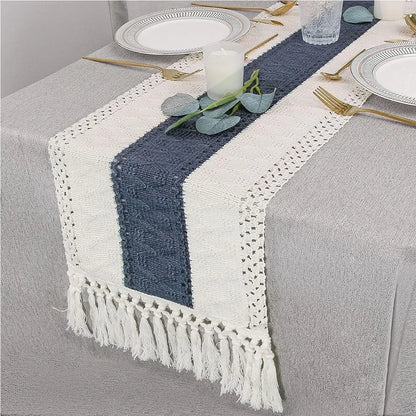 Boho Table Runner Farmhouse Burlap Cotton Table Runner with Woven Macrame Tassels. Various Sizes and Colors