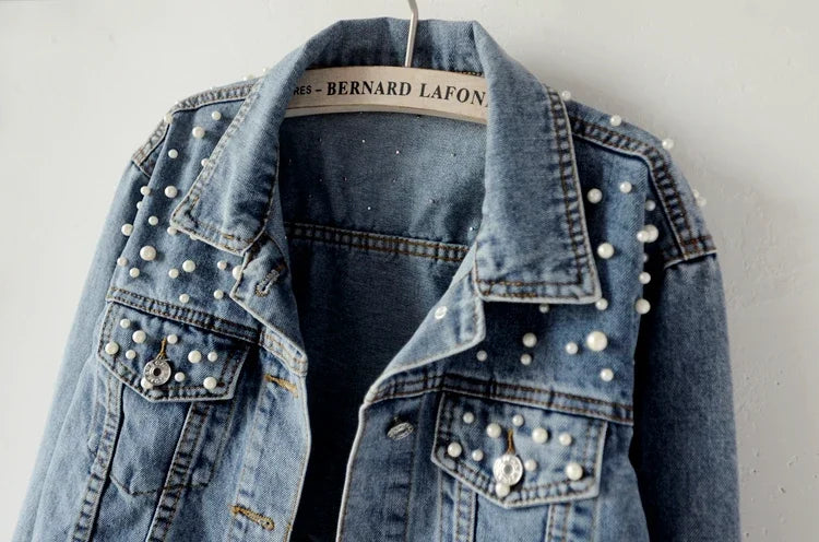 To Sizes 5XL Versatile Pearl Cropped Denim Jacket Loose Fit