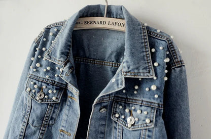 To Sizes 5XL Versatile Pearl Cropped Denim Jacket Loose Fit