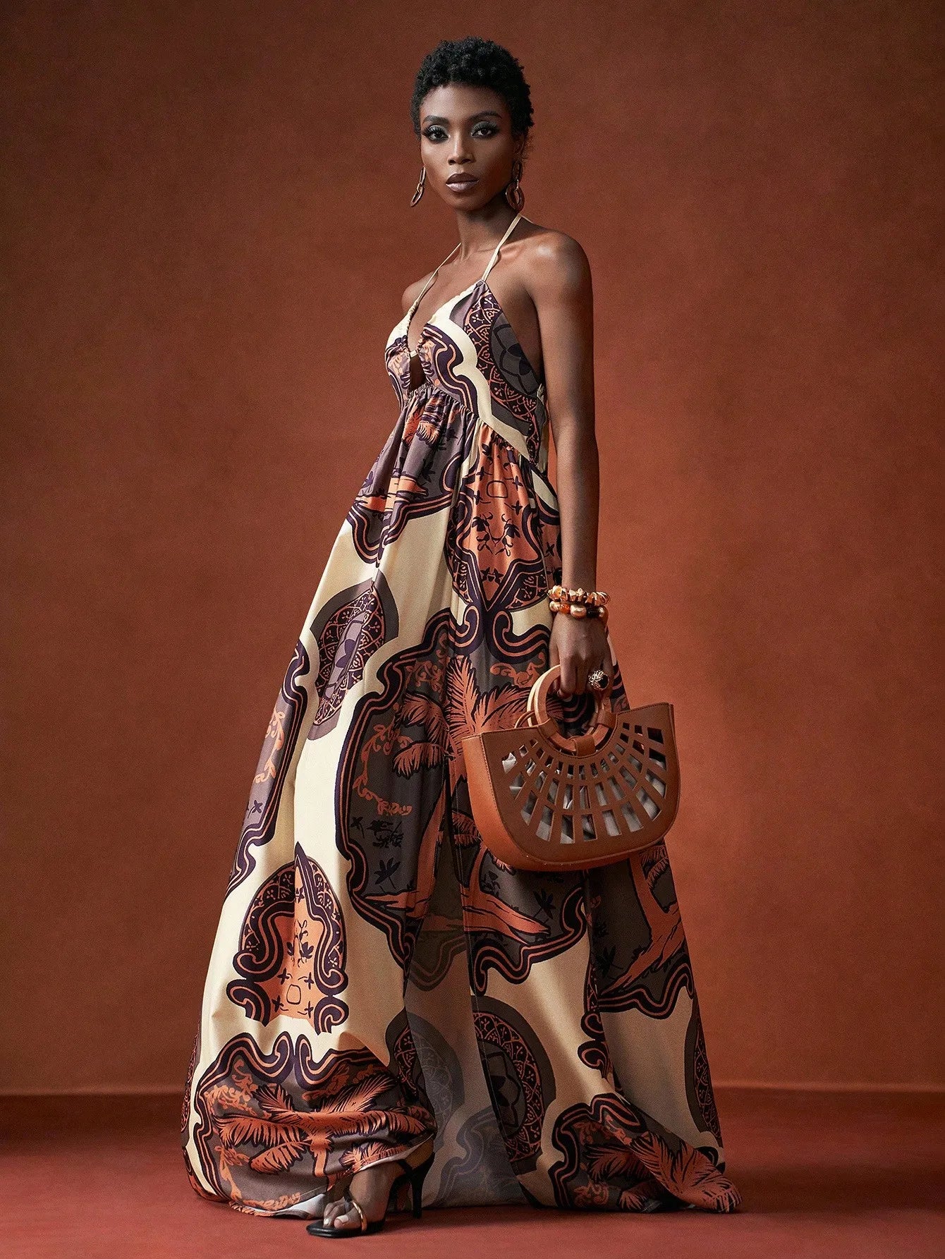 Retro Print Halter Neck Maxi Dress with Side Slit