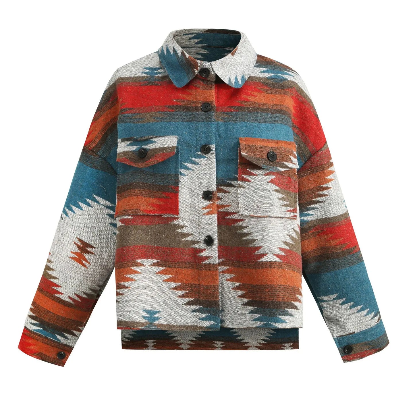 Vintage Loose Denim Jacket, Aztec Retro Ethnic Style, Long Sleeved, Shirt Collar, Sizes to XXL