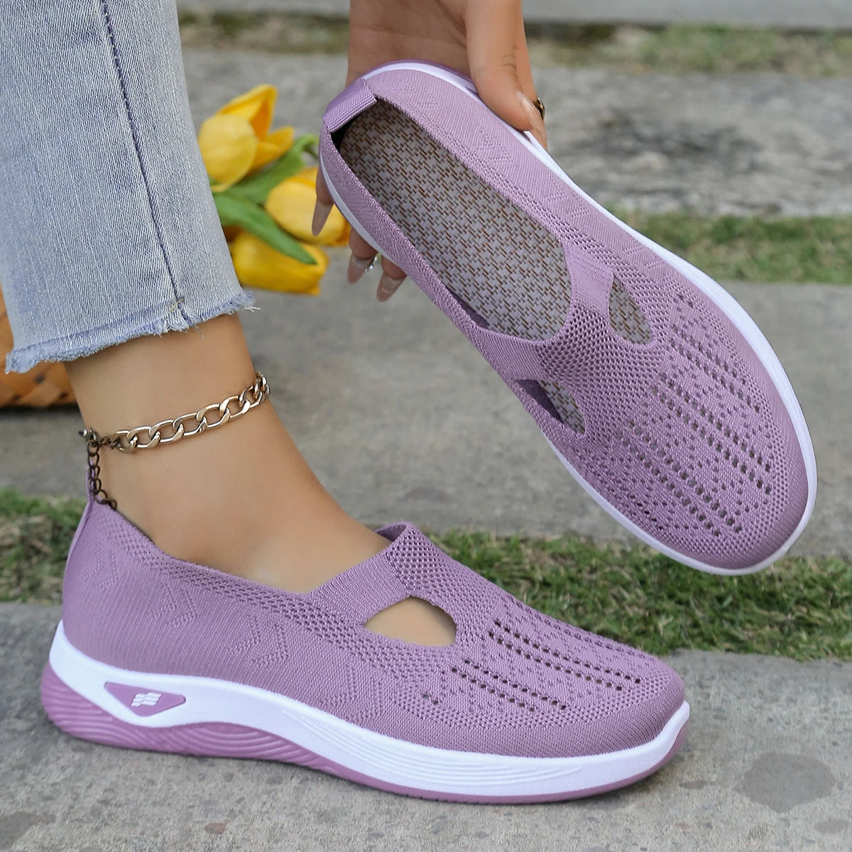 Women's casual shoes, solid color, breathable, soft-soled, lightweight walking shoes, low-top knit