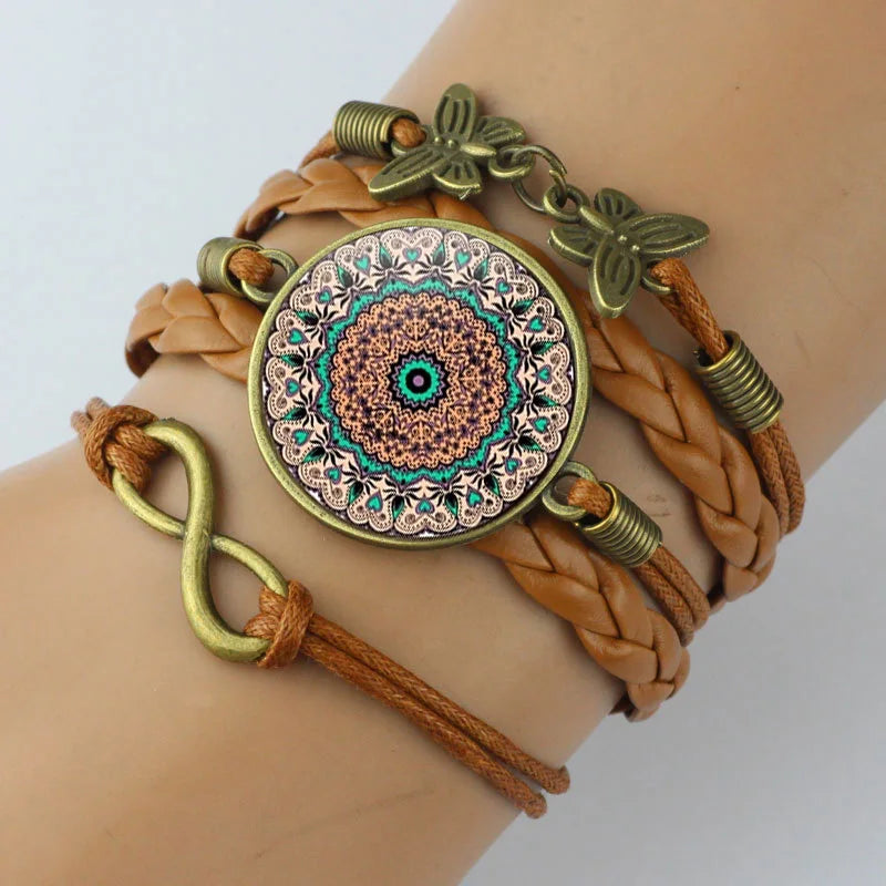Vintage Mandala Flower Glass Dome Wrap Bracelet Multilayer Woven Leather Bracelets