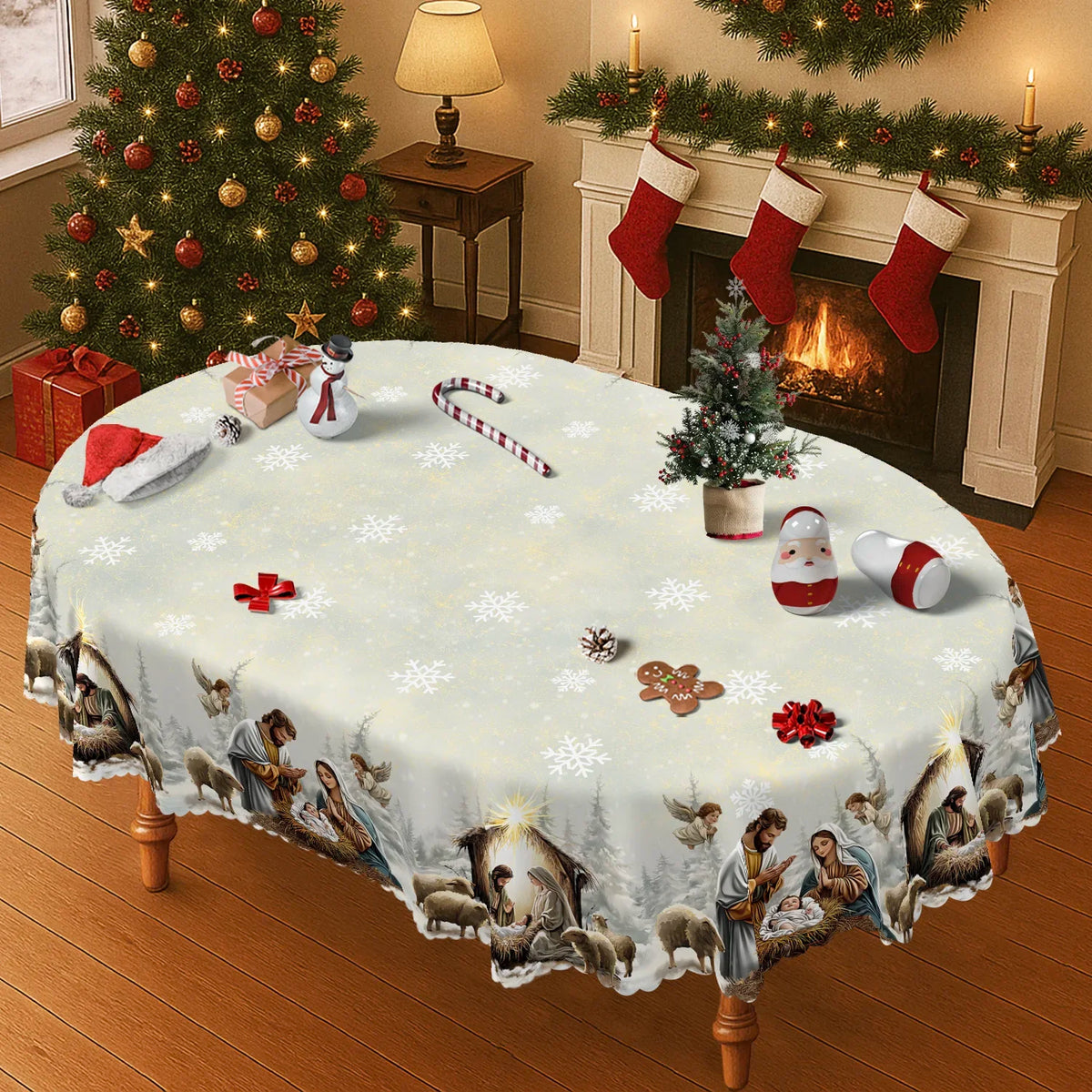 Christmas Nativity Tablecloth in 13 Designs (sizes and shapes listed at end)