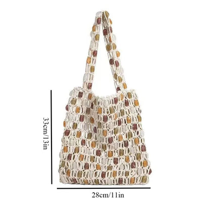 Boho Crochet Shoulder Bag Colorful Beaded  Tote Handbag