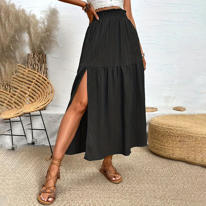 Bohemian Midi Skirt, High Waisted, Solid Colors, Casual with Side Slit, 3 Colors