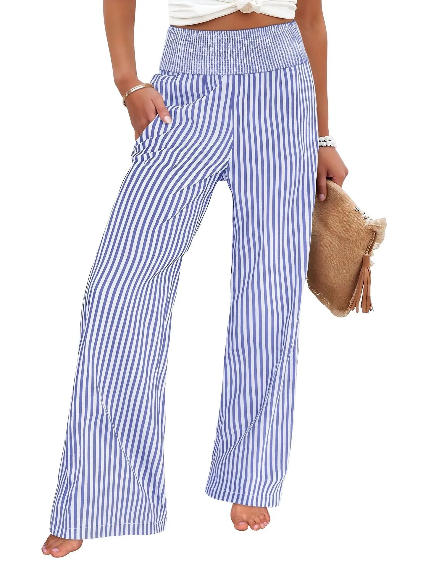 Sizes to 2XL Loose Striped Casual Straight Leg High Waisted Pants Available in 8 Colors
