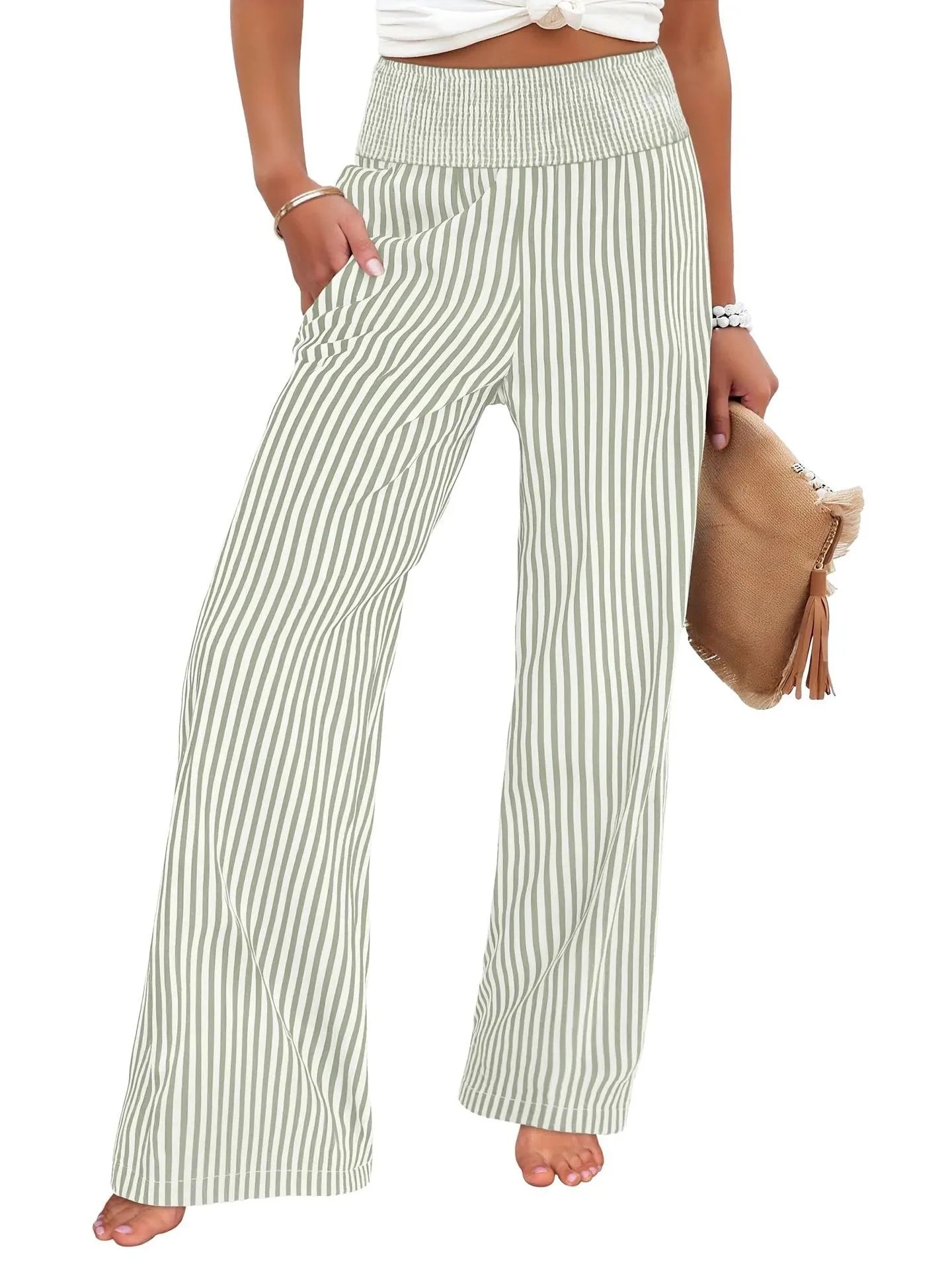 Sizes to 2XL Loose Striped Casual Straight Leg High Waisted Pants Available in 8 Colors