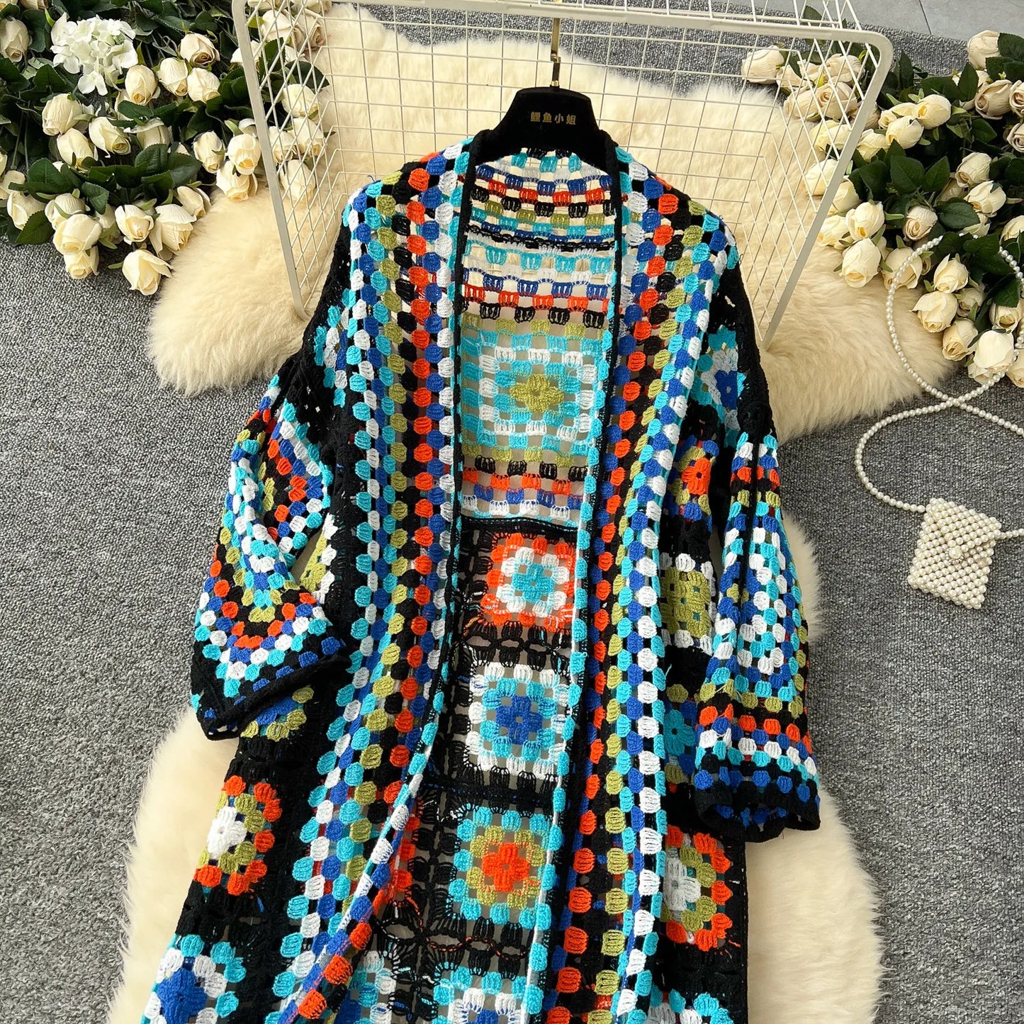 Boho Crocheted Knit Cardigan Midi Length
